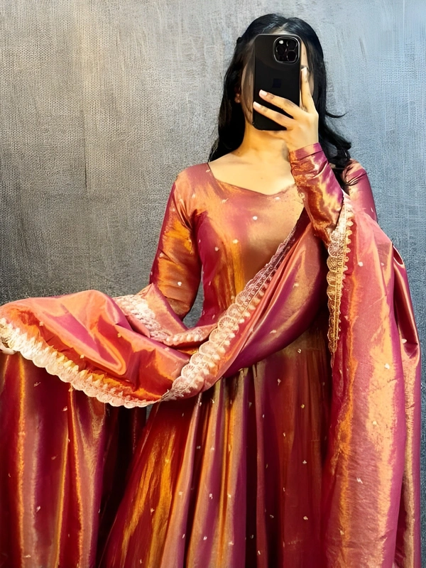 99 Fashion Bazaar Banarasi Tissu Fabric Gown with Embroidery Dupatta - Tussock, XXL