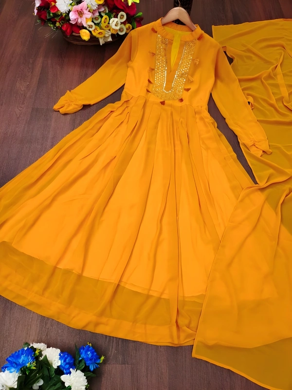 99 Fashion Bazaar Embroidered Gown with Dupatta in Solid Colors - Web Orange, XXL