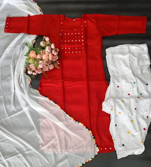 99 Fashion Bazaar Embroidered Patiyala Set in Soild Color Combination - Red, XXL