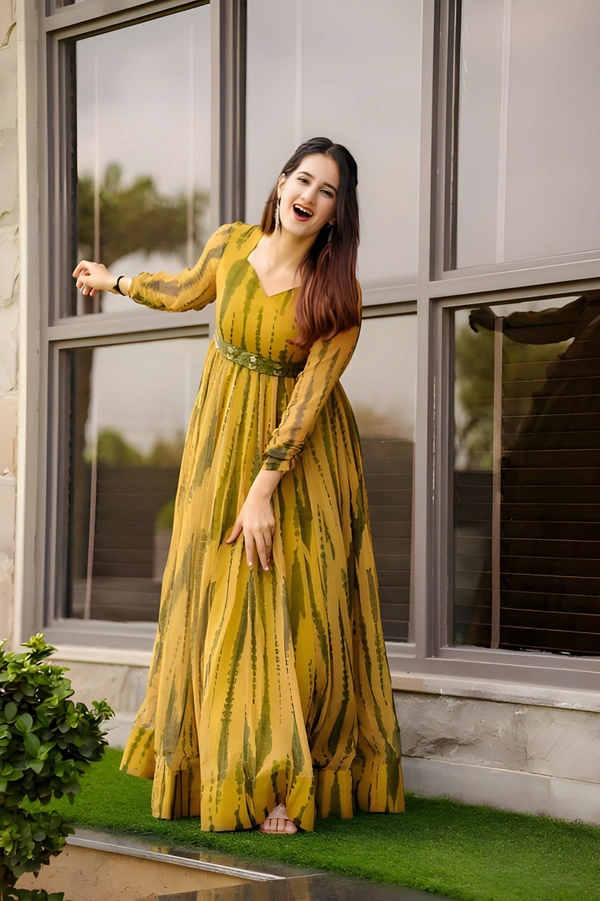 99 Fashion Bazaar Women's Gown in Very Elegant Prints with Waist Embroidered Belt - Reef Gold, XXL