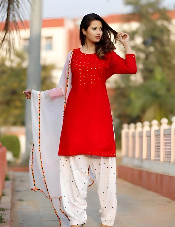 99 Fashion Bazaar Embroidered Patiyala Set in Soild Color Combination - Red, XXL