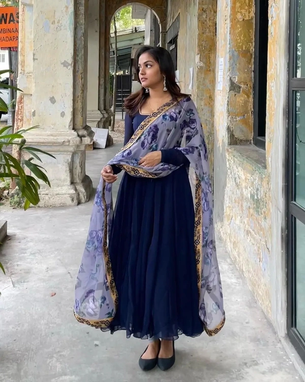 99 Fashion Bazzar  Anarkali Flaired Gown With Printed Dupatta - Navy Blue, L