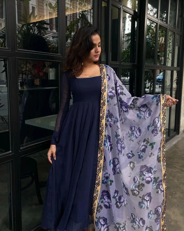 99 Fashion Bazzar  Anarkali Flaired Gown With Printed Dupatta - Navy Blue, L