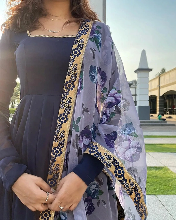 99 Fashion Bazzar  Anarkali Flaired Gown With Printed Dupatta - Navy Blue, L