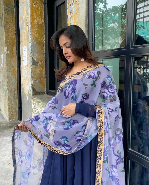 99 Fashion Bazzar  Anarkali Flaired Gown With Printed Dupatta - Navy Blue, L