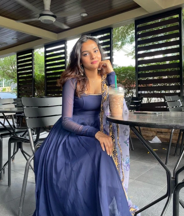 99 Fashion Bazzar  Anarkali Flaired Gown With Printed Dupatta - Navy Blue, L