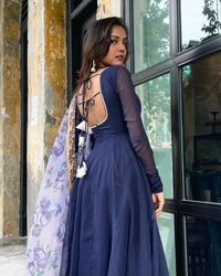99 Fashion Bazzar  Anarkali Flaired Gown With Printed Dupatta - Navy Blue, L