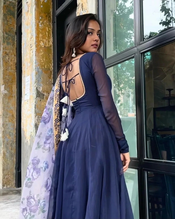 99 Fashion Bazzar  Anarkali Flaired Gown With Printed Dupatta - Navy Blue, L