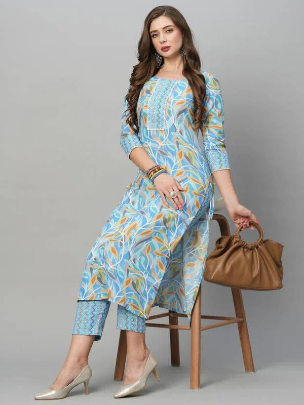 99 Fashion Bazaar  Women's Soft Cotton Printed Straight Kurta With Pant - Alice Blue, Cotton Printed Kurta + Pant, M