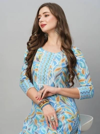 99 Fashion Bazaar  Women's Soft Cotton Printed Straight Kurta With Pant - Alice Blue, Cotton Printed Kurta + Pant, M