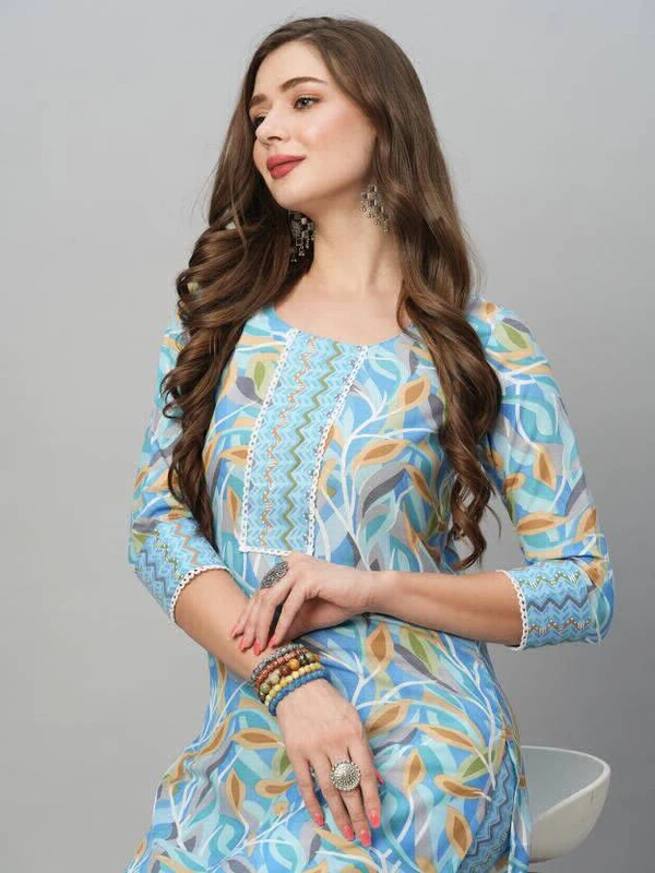 99 Fashion Bazaar  Women's Soft Cotton Printed Straight Kurta With Pant - Alice Blue, Cotton Printed Kurta + Pant, M