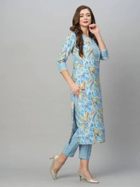 99 Fashion Bazaar  Women's Soft Cotton Printed Straight Kurta With Pant - Alice Blue, Cotton Printed Kurta + Pant, M