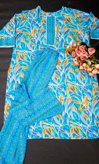 99 Fashion Bazaar  Women's Soft Cotton Printed Straight Kurta With Pant - Alice Blue, Cotton Printed Kurta + Pant, M