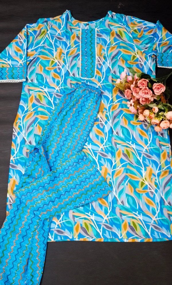99 Fashion Bazaar  Women's Soft Cotton Printed Straight Kurta With Pant - Alice Blue, Cotton Printed Kurta + Pant, M