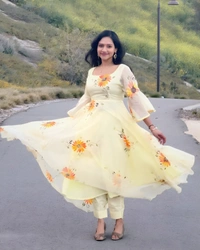 99 Fashion Bazaar  Flair Gown in Fox Georgette Casual Wear - Thistle Green, XXL