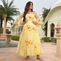 99 Fashion Bazaar  Flair Gown in Fox Georgette Casual Wear - Thistle Green, XXL