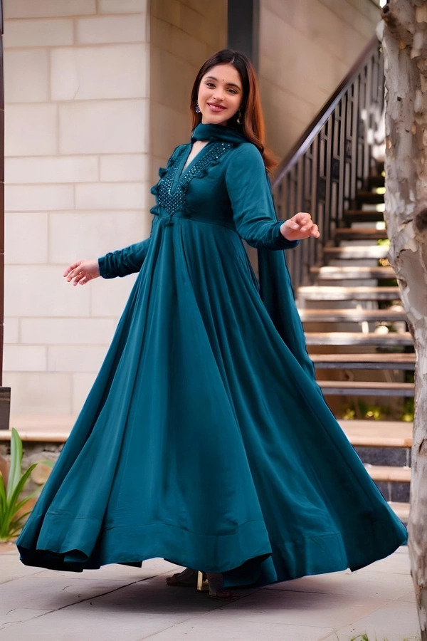 99 Fashion Bazaar Embroidered Gown with Dupatta in Solid Colors - Teal, L