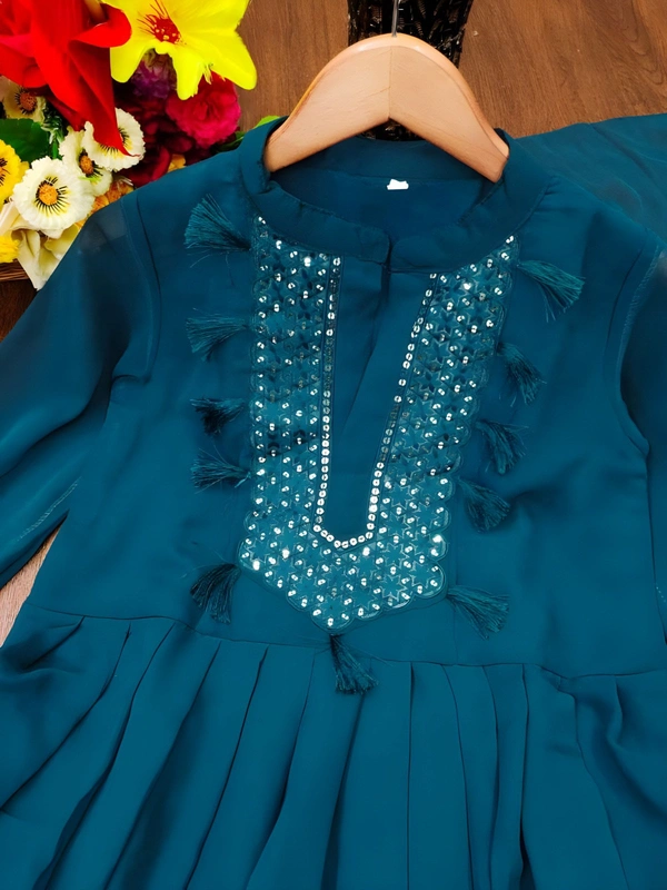 99 Fashion Bazaar Embroidered Gown with Dupatta in Solid Colors - Teal, L