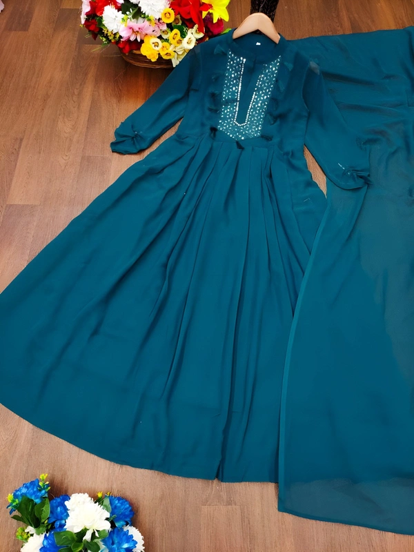 99 Fashion Bazaar Embroidered Gown with Dupatta in Solid Colors - Teal, L