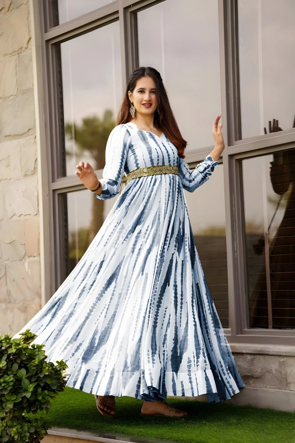 99 Fashion Bazaar Women's Gown in Very Elegant Prints with Waist Embroidered Belt - M, Royal Blue