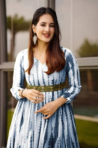 99 Fashion Bazaar Women's Gown in Very Elegant Prints with Waist Embroidered Belt - L, Royal Blue