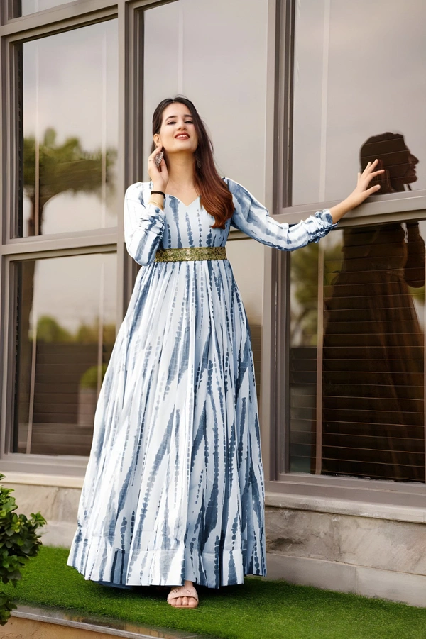 99 Fashion Bazaar Women's Gown in Very Elegant Prints with Waist Embroidered Belt - XXL, Royal Blue