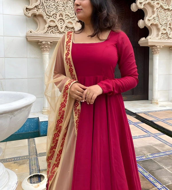 99 Fashion Bazzar  Anarkali Flaired Gown With Printed Dupatta - Red, L