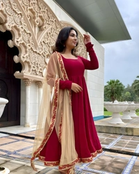 99 Fashion Bazzar  Anarkali Flaired Gown With Printed Dupatta - Red, L