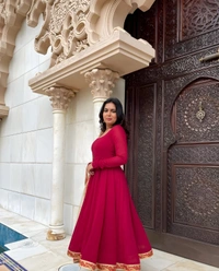 99 Fashion Bazzar  Anarkali Flaired Gown With Printed Dupatta - Red, L
