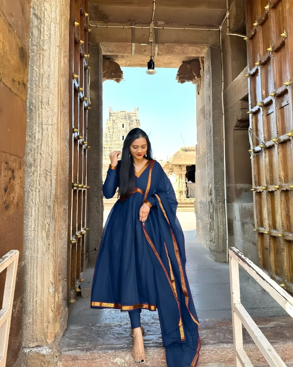 99 Fashion Bazaar Aliya Cut Anarkali Gown With Dupatta in Zari Border - Gulf Blue, XXL