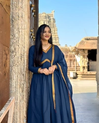 99 Fashion Bazaar Aliya Cut Anarkali Gown With Dupatta in Zari Border - Gulf Blue, XXL