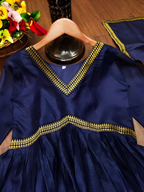 99 Fashion Bazaar Aliya Cut Anarkali Gown With Dupatta in Zari Border - Gulf Blue, XXL