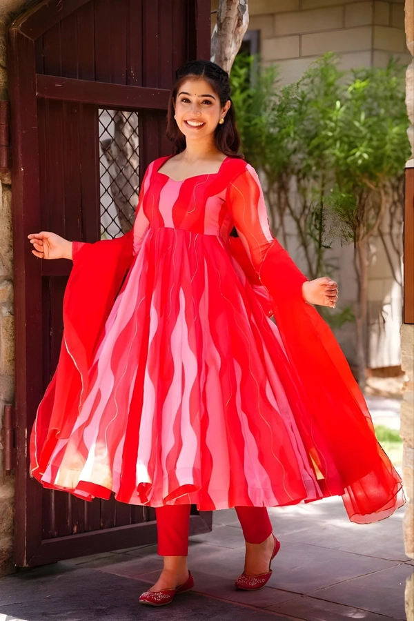 99 Fashion Bazaar Anarkali Set With Dupatta in  Organza Fabric - Sunset Orange, S