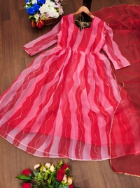 99 Fashion Bazaar Anarkali Set With Dupatta in  Organza Fabric - Sunset Orange, S
