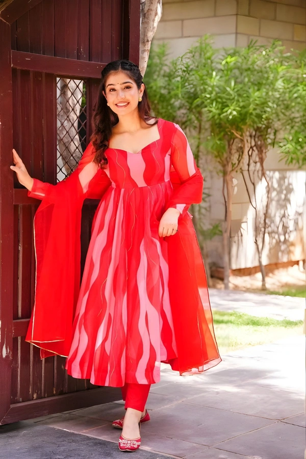 99 Fashion Bazaar Anarkali Set With Dupatta in  Organza Fabric - Sunset Orange, M