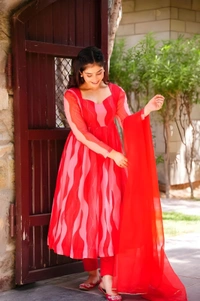 99 Fashion Bazaar Anarkali Set With Dupatta in  Organza Fabric - Sunset Orange, M