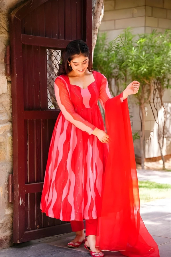 99 Fashion Bazaar Anarkali Set With Dupatta in  Organza Fabric - Sunset Orange, M