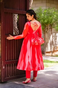 99 Fashion Bazaar Anarkali Set With Dupatta in  Organza Fabric - Sunset Orange, M