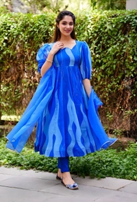 99 Fashion Bazaar Anarkali Set With Dupatta in  Organza Fabric - Royal Blue, S