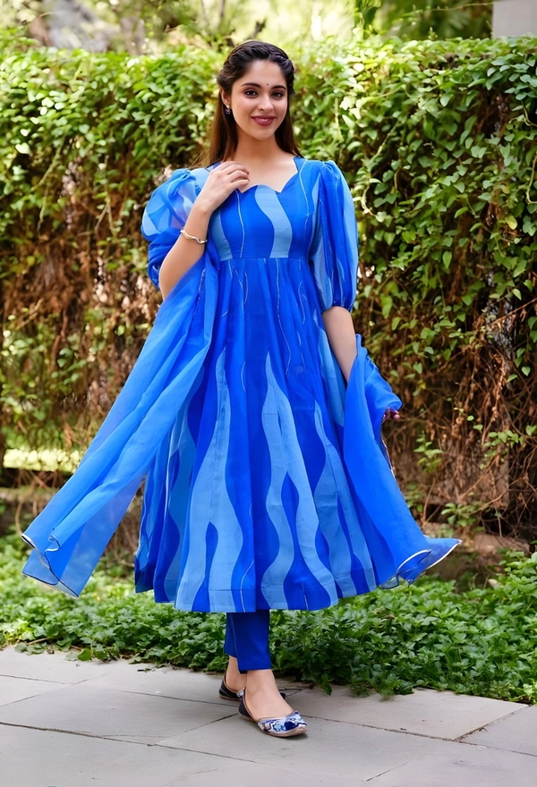 99 Fashion Bazaar Anarkali Set With Dupatta in  Organza Fabric - Royal Blue, S
