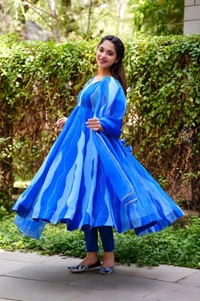 99 Fashion Bazaar Anarkali Set With Dupatta in  Organza Fabric - Royal Blue, S