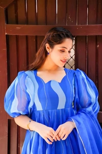 99 Fashion Bazaar Anarkali Set With Dupatta in  Organza Fabric - Royal Blue, S