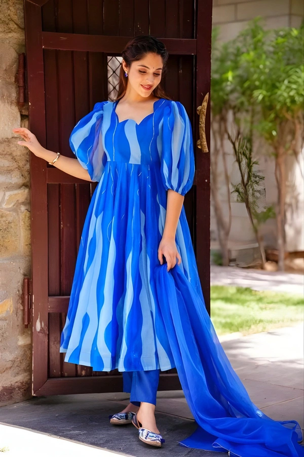 99 Fashion Bazaar Anarkali Set With Dupatta in  Organza Fabric - Royal Blue, XXL