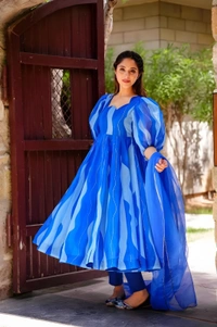 99 Fashion Bazaar Anarkali Set With Dupatta in  Organza Fabric - Royal Blue, L