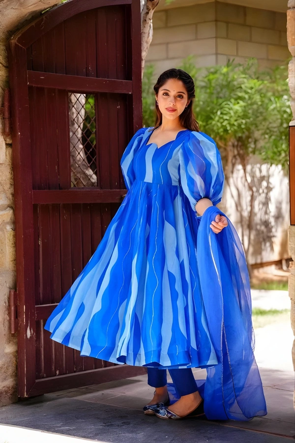99 Fashion Bazaar Anarkali Set With Dupatta in  Organza Fabric - Royal Blue, L
