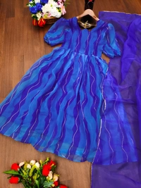 99 Fashion Bazaar Anarkali Set With Dupatta in  Organza Fabric - Royal Blue, L