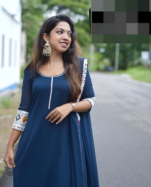 99 Fashion Bazaar A-LINE Kurti with Dupatta in Solid Colors - Navy Blue, XXL