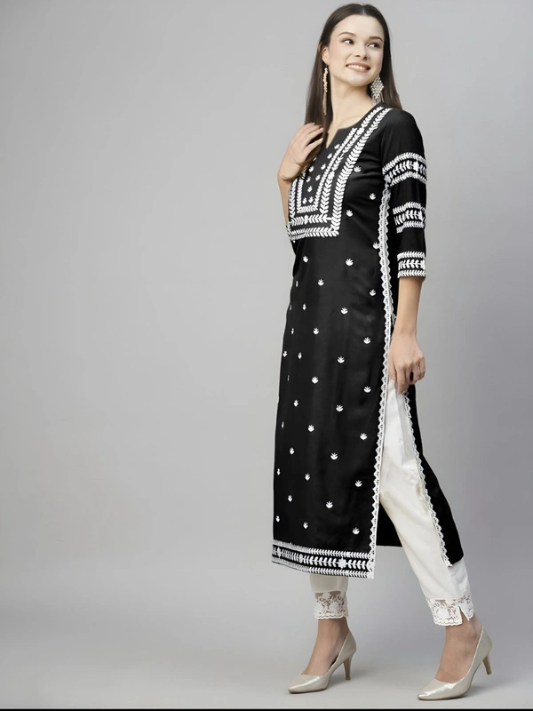 99 Fashion Bazaar Straight Embroidered Kurti in 100% Cotton Fabric  - Black, S