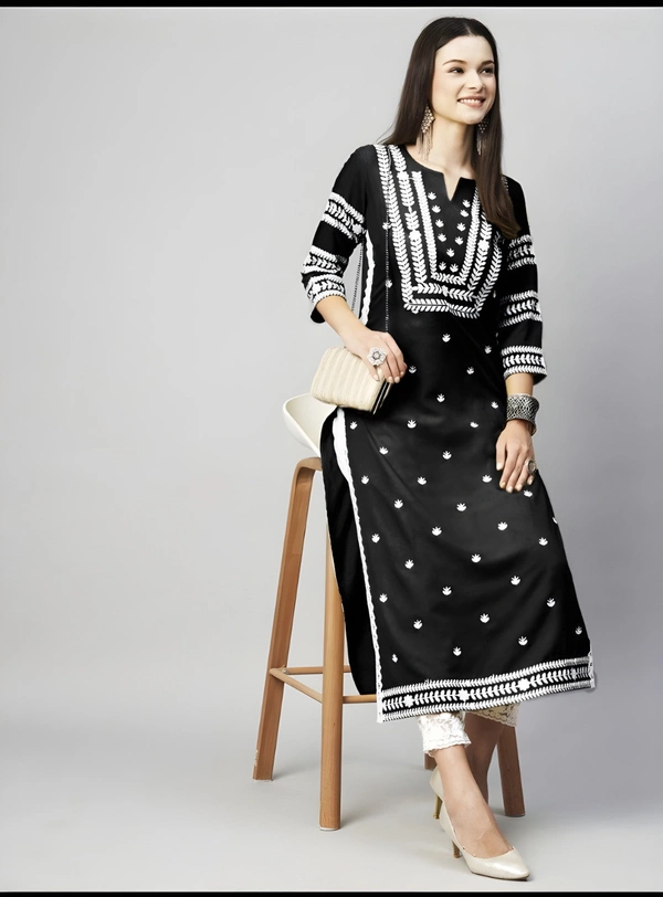 99 Fashion Bazaar Straight Embroidered Kurti in 100% Cotton Fabric  - Black, XXL