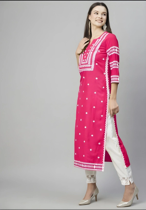 99 Fashion Bazaar Straight Embroidered Kurti in 100% Cotton Fabric  - Wild Watermelon, S